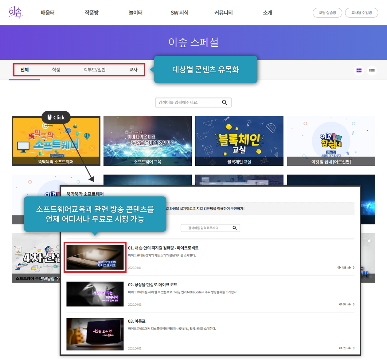 이솦스페셜 - 대상별 콘텐츠 유목화 / 컨텐츠 클릭시, 소프트웨어교육과 관련 방송 콘텐츠를 언제 어디서나 무료로 시청 가능