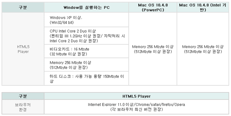 동영상 플레이어 권장사양